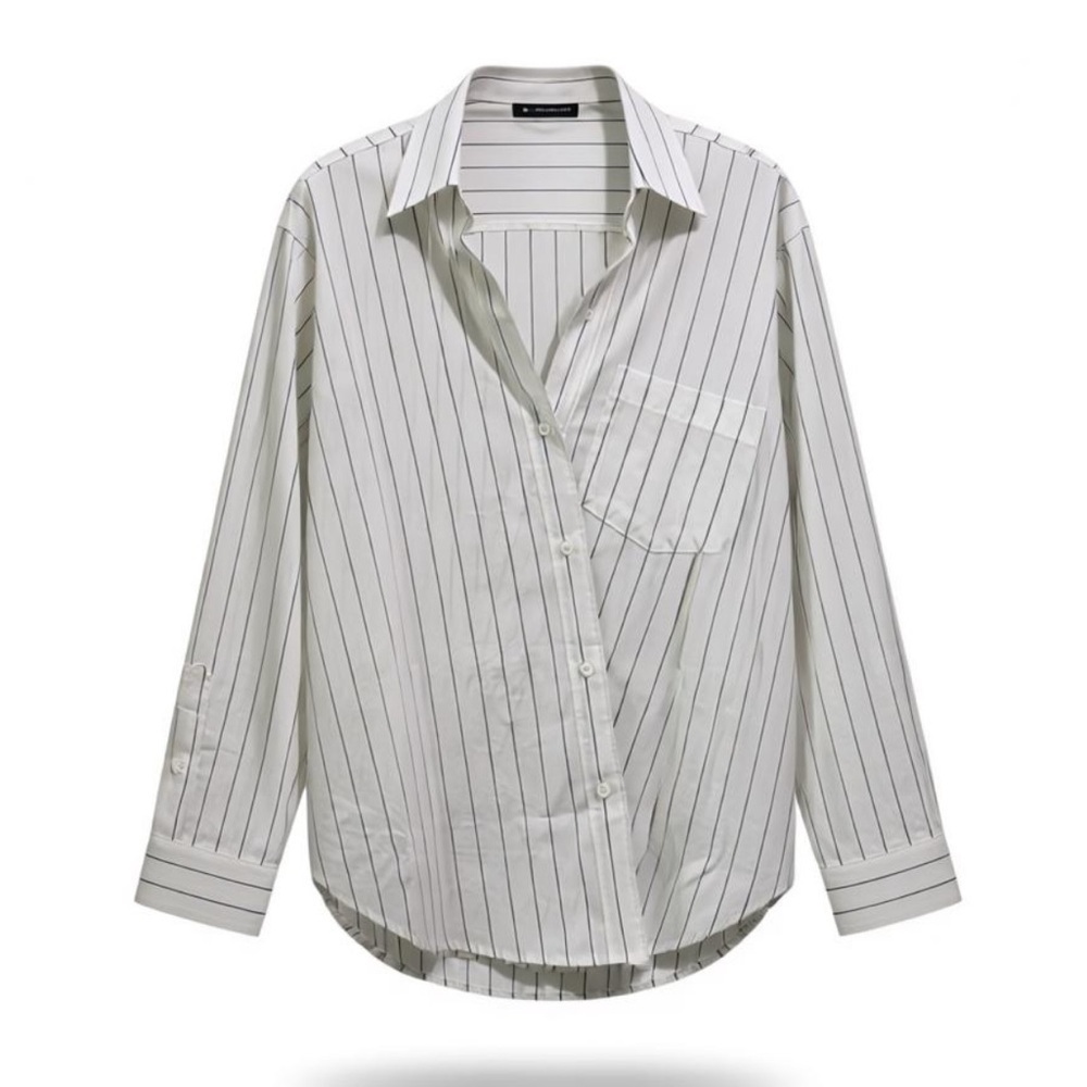 Bailey 44 white  and Black‎ Striped Shirt with asymmetrical buttons SMALL